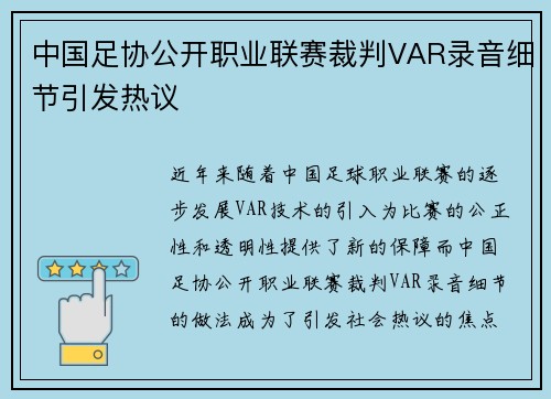 中国足协公开职业联赛裁判VAR录音细节引发热议